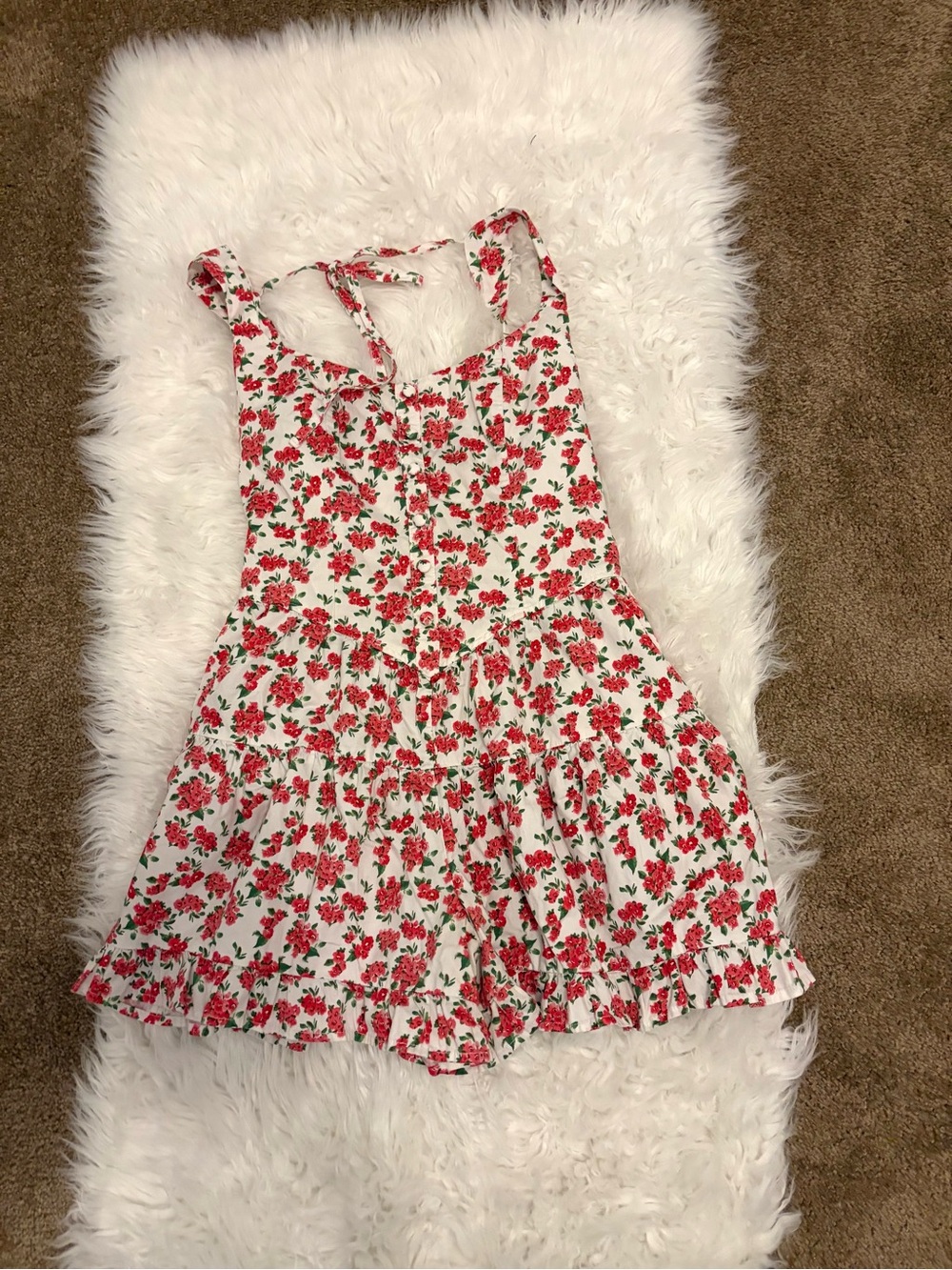 White/Red Floral Print Tiered Romper